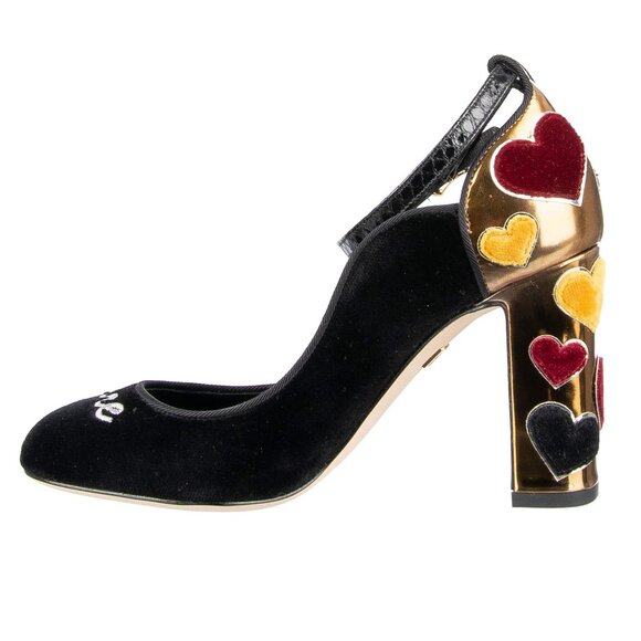 Dolce & Gabbana - Velvet Ankle Strap Hearts Pumps VALLY L'Amore Black Gold EUR 3 - Picture 2 of 5